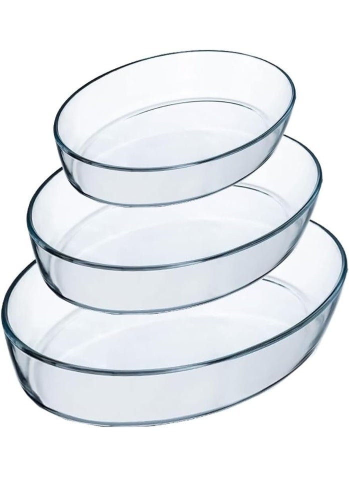 ماستر جولد طقم صواني فرن زجاجية مكون من 3 قطع، مقاومة للحرارة، بيضاوية الشكل، 1.6 + 2.4 + 3.2 لتر | طقم صواني خبز زجاجية شفافة | آمنة للاستخدام في الفرن والميكروويف | صينية فرن متعددة الاستخدامات | أطباق تحميص - Image 1