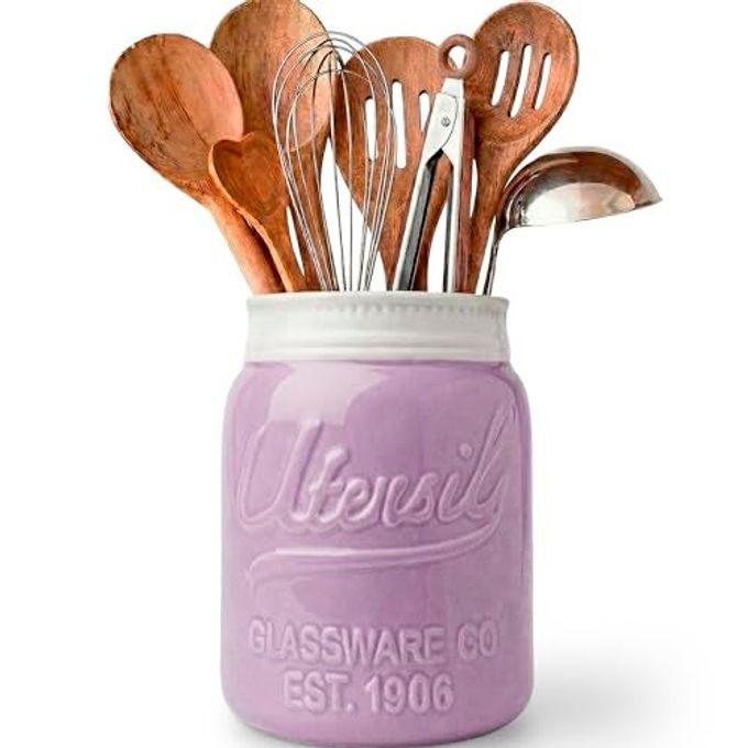 Comfify Wide Mouth Mason Jar Utensil Holder Decorative Kitchenware Organizer Crock, Dishwasher Safe - Kitchen Caddy Purple, Large Size 7" Hight