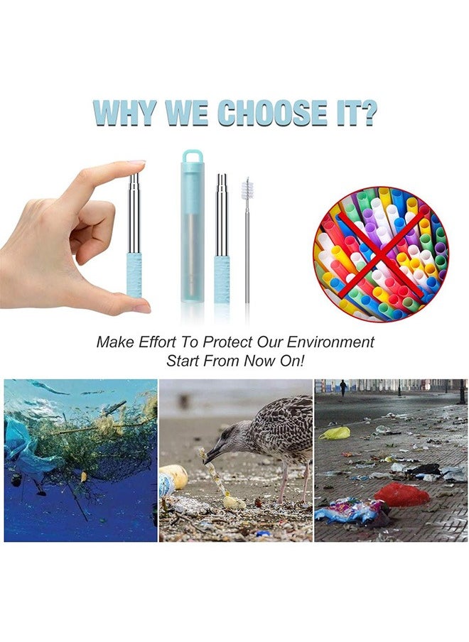 Stainless Steel Telescopic Straws, Portable Collapsible Straws, with Cleaning Brush for Cold Water Coffee Juice (Blue)