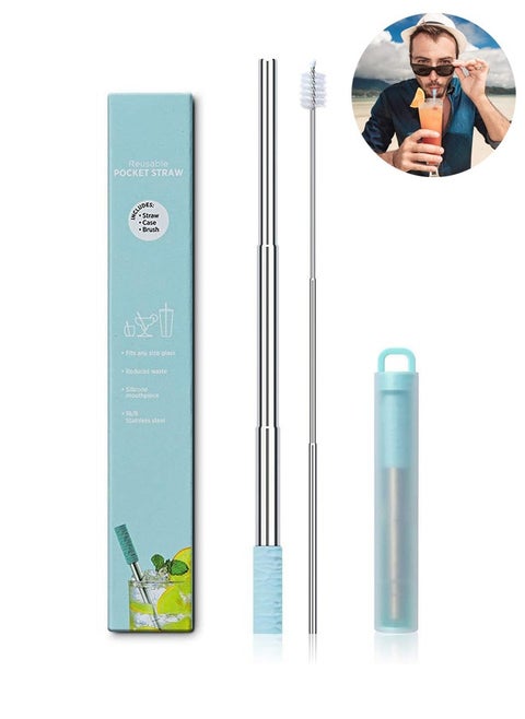 Stainless Steel Telescopic Straws, Portable Collapsible Straws, with Cleaning Brush for Cold Water Coffee Juice (Blue)