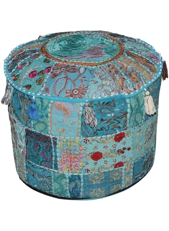 Aakriti Gallery Indian Pouf Footstool Ethnic Embroidered Pouf Cover, Indian Cotton Round Pouffe Ottoman Pouf Cover Pillow Ethnic Decor Art - Cover Only (Turquoise, 22X14)  - Image 1