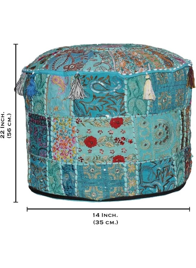 Aakriti Gallery Indian Pouf Footstool Ethnic Embroidered Pouf Cover, Indian Cotton Round Pouffe Ottoman Pouf Cover Pillow Ethnic Decor Art - Cover Only (Turquoise, 22X14)  - Image 3
