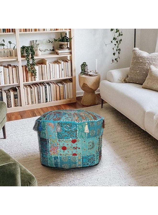Aakriti Gallery Indian Pouf Footstool Ethnic Embroidered Pouf Cover, Indian Cotton Round Pouffe Ottoman Pouf Cover Pillow Ethnic Decor Art - Cover Only (Turquoise, 22X14)  - Image 2