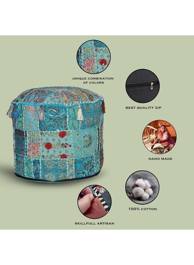 Aakriti Gallery Indian Pouf Footstool Ethnic Embroidered Pouf Cover, Indian Cotton Round Pouffe Ottoman Pouf Cover Pillow Ethnic Decor Art - Cover Only (Turquoise, 22X14)  - Image 4