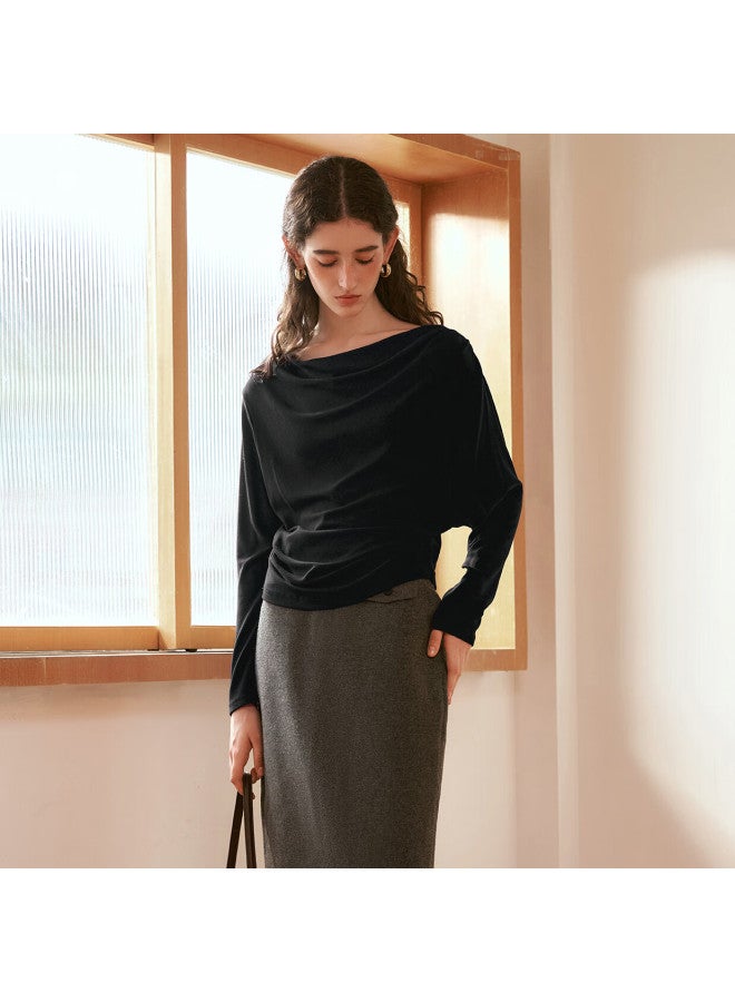 Olrain Oulain French Long-sleeve T-shirt For Women, Autumn Casual Loose Fit Slimming Sun Protection Tee Top, Black, M - Image 1