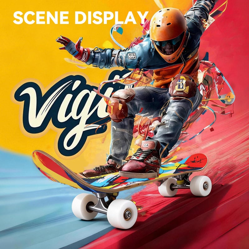 vigvitspo Professional Double Kick Skateboard, 31 inch Maple Deck, ABEC-9 Bearings, 95A PU Wheels, Custom Graphic Design (Graffiti-Style Grid, 31in) - Image 2