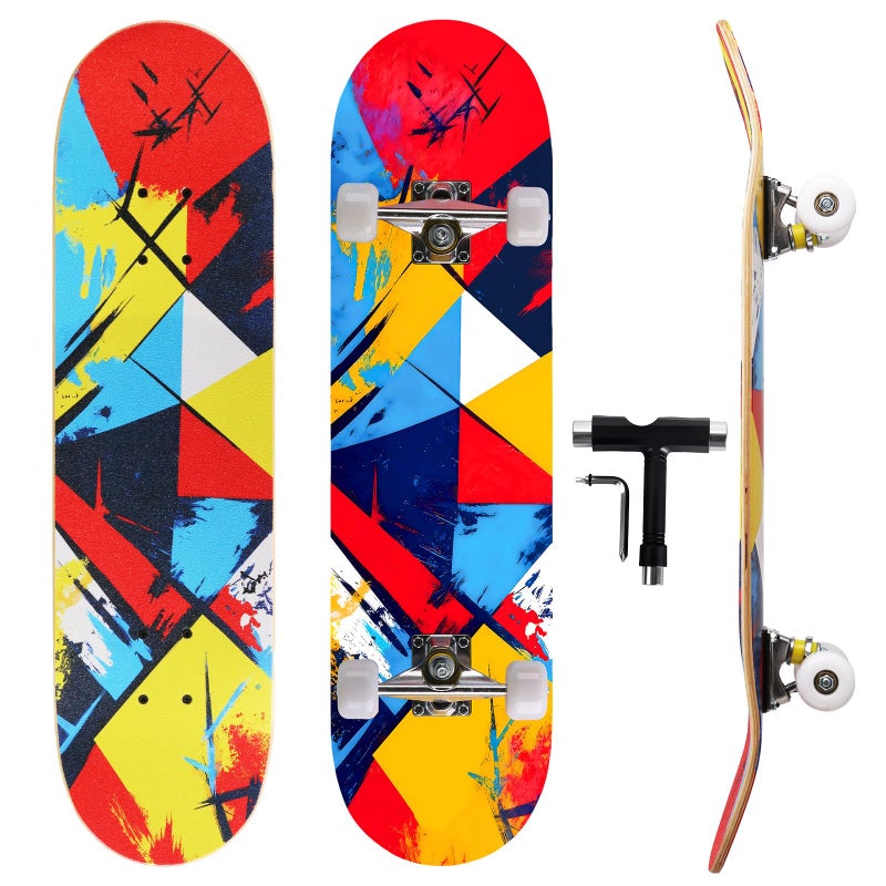vigvitspo Professional Double Kick Skateboard, 31 inch Maple Deck, ABEC-9 Bearings, 95A PU Wheels, Custom Graphic Design (Graffiti-Style Grid, 31in) - Image 1