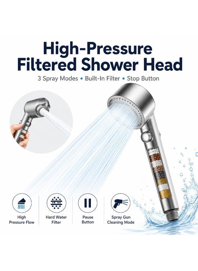 Premium High-Pressure Filtered Shower Head | Built-in Hard Water Filter with 3 Spray Modes & One-Touch Pause Button | 2-in-1 Handheld Shower & Bathroom Cleaning Jet - Image 3