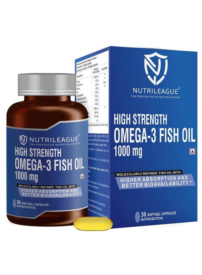 Nutrileague Nutrileague High Strength Omega - 3 Fish Oil 1000 mg | 2X EPA:DHA | Omega - 3 Fish Oil 1000 mg | Softgel Capsules | Good for Heart Health & Brain Function | Nonveg (Pack Of 1)  - Image 1