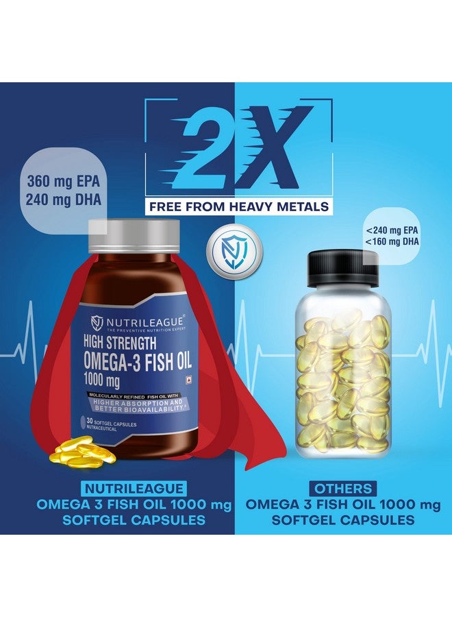 Nutrileague Nutrileague High Strength Omega - 3 Fish Oil 1000 mg | 2X EPA:DHA | Omega - 3 Fish Oil 1000 mg | Softgel Capsules | Good for Heart Health & Brain Function | Nonveg (Pack Of 1)  - Image 2