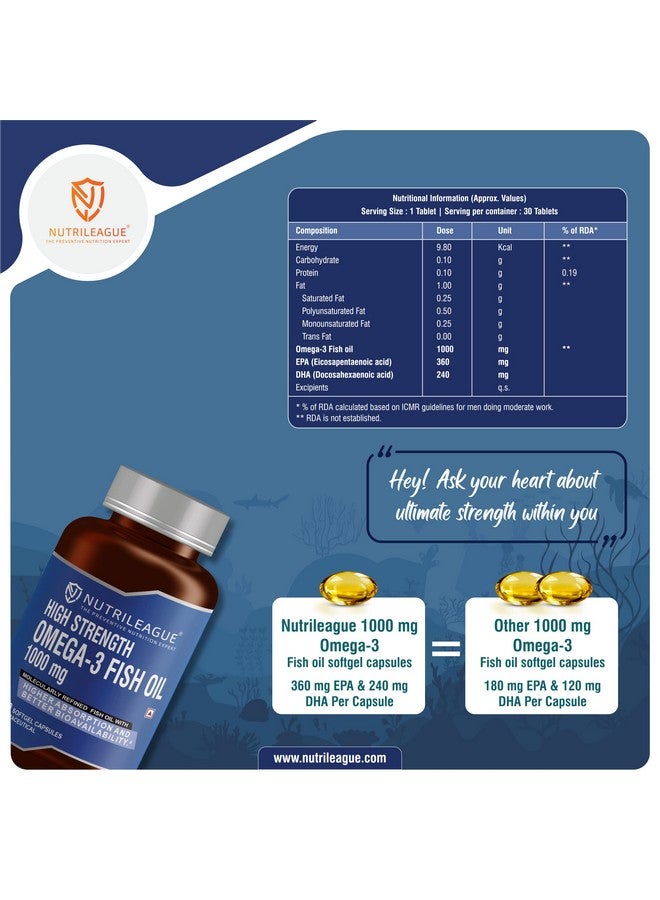 Nutrileague Nutrileague High Strength Omega - 3 Fish Oil 1000 mg | 2X EPA:DHA | Omega - 3 Fish Oil 1000 mg | Softgel Capsules | Good for Heart Health & Brain Function | Nonveg (Pack Of 1)  - Image 3