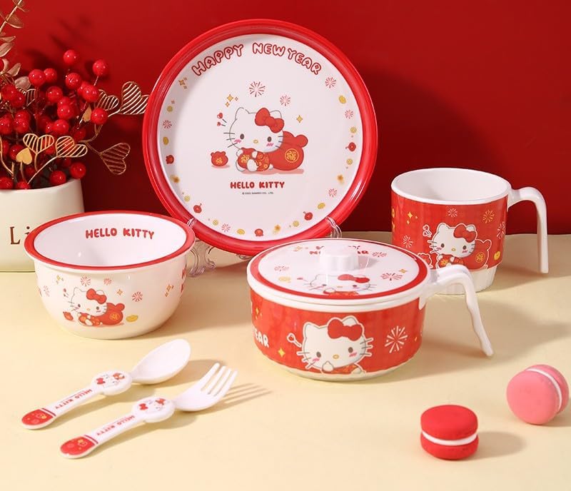 Many Rainbows Hello Kitty Red Happy New Year Dinnerware Flatware Meal Set  Plate Bowls Cup Fork Spoon 6 pieces - Image 5