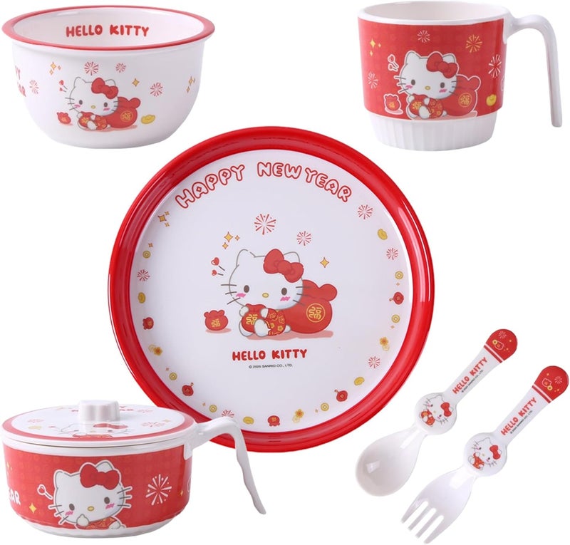 Many Rainbows Hello Kitty Red Happy New Year Dinnerware Flatware Meal Set  Plate Bowls Cup Fork Spoon 6 pieces - Image 1