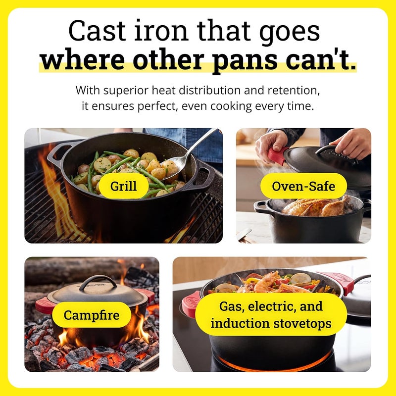Lodge L8DOL3HH41PLT Cast Iron Dutch Oven with Handle Holders, 5 quart, Black/Red - Image 4