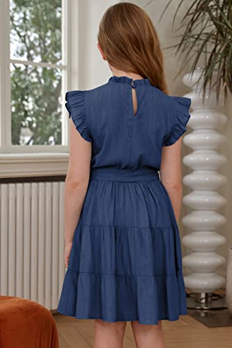 blibean Girl Short Sleeve Dress Tween Kid Summer Boho Ruffle Dresses Preteen Tiered Swing Outfit Solid Flowy Formal Party Fancy Clothes Size 10-11 Years X-Large Dark Blue - Image 5