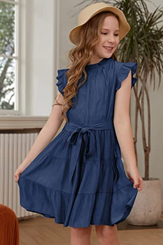 blibean Girl Short Sleeve Dress Tween Kid Summer Boho Ruffle Dresses Preteen Tiered Swing Outfit Solid Flowy Formal Party Fancy Clothes Size 10-11 Years X-Large Dark Blue - Image 4