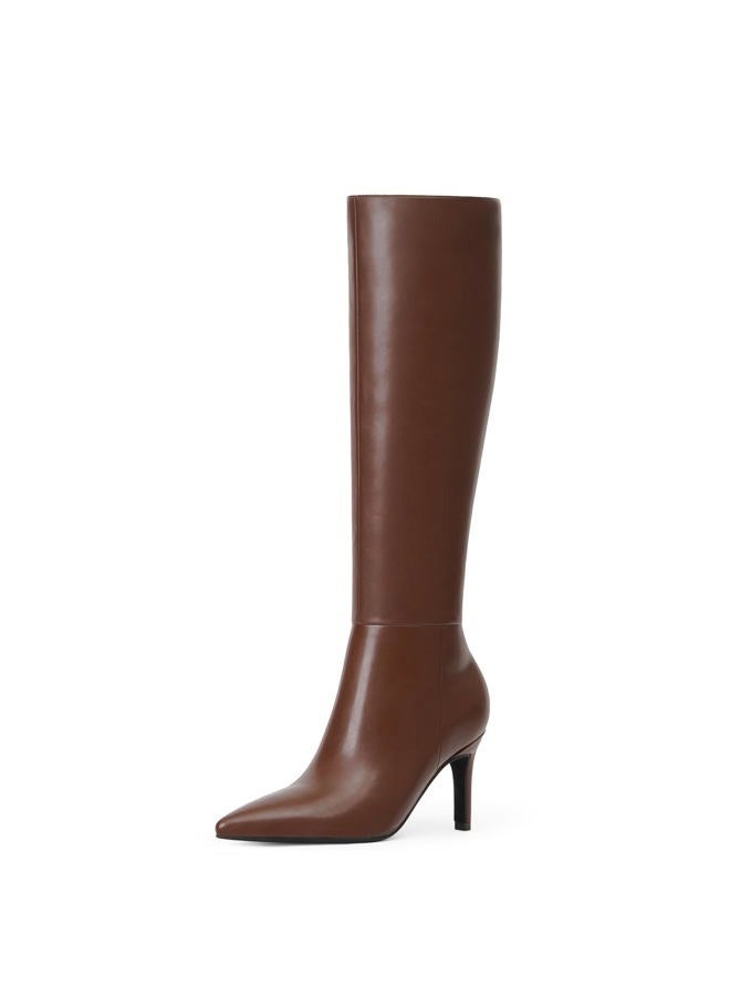 Easyfox Knee High Boots Women Pointed Toe Tall Boots 3 In Stiletto High Heel Long Boots Side Zipper Dress Knee High Boots, Brown, 10 - Image 1