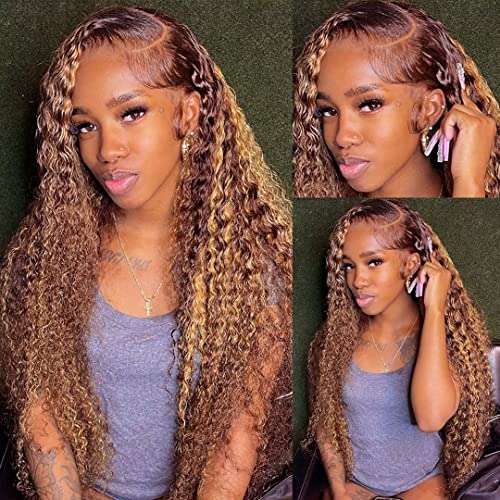Daules Ombre Lace Front Wigs Human Hair Highlight 13x4 HD Transparent Deep Curly Lace Front Wig Human Hair for Women 180 density Honey Blonde 427 Deep Frontal Wig Pre Plucked with Baby Hair 34inch - Image 2