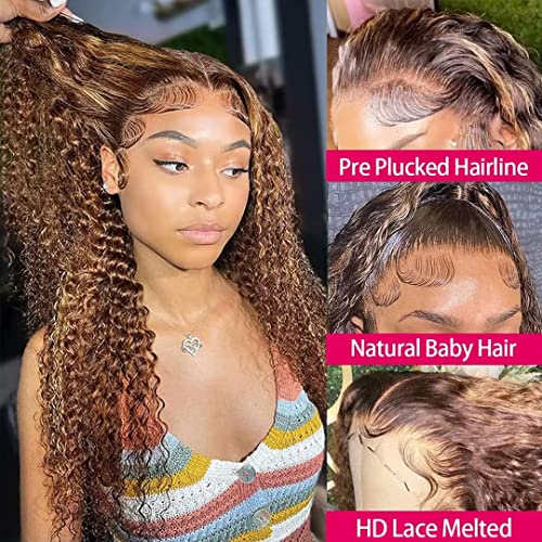 Daules Ombre Lace Front Wigs Human Hair Highlight 13x4 HD Transparent Deep Curly Lace Front Wig Human Hair for Women 180 density Honey Blonde 427 Deep Frontal Wig Pre Plucked with Baby Hair 34inch - Image 5