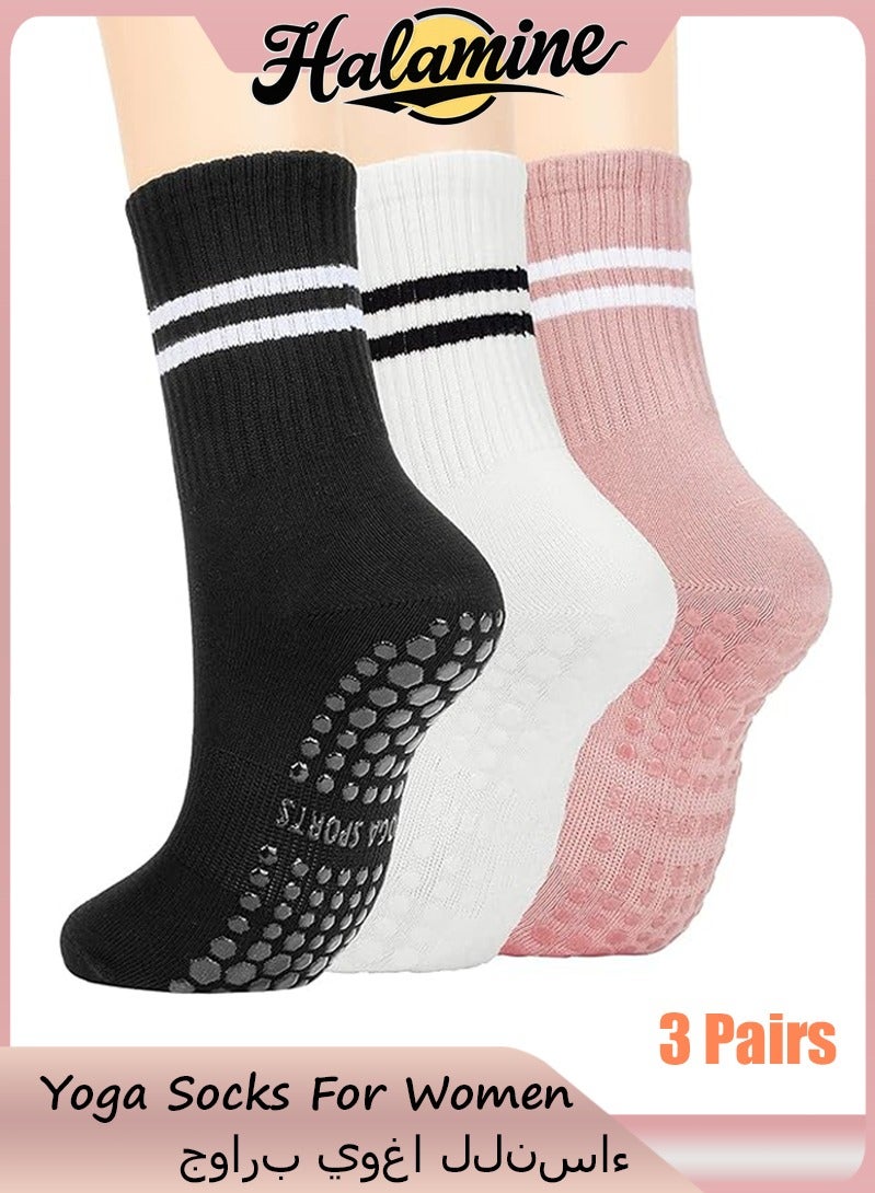 Halamine 3 Pairs Yoga Socks For Women，Non Slip Socks Pilates Socks For Yoga,Pilates， Ballet, Dance，white，black，pink - Image 1