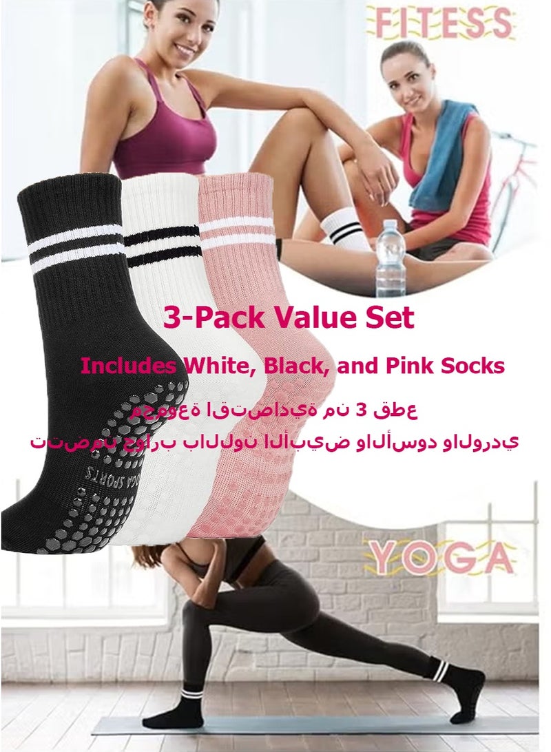 هالامين 3 أزواج من الجوارب اليوغا للسيدات ، جوارب بيلاتيس 2012 ، اليوغا بيلاتيس ، الباليه ،الرقص ، الأبيض والأسود والوردي - Image 4