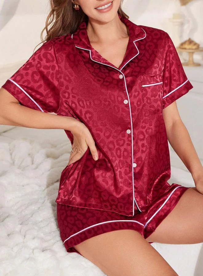 Take Two Red Red Leopard Pattern Piping Shirt and Shorts Set for Women | Best Price UAE