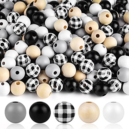 FEPITO 250 Pcs Plaid Wood Beads - 16mm Farmhouse Checked Print Natural Buffalo Craft Beads for Decoration & Home Decor DIY Craft Supplies - Image 1
