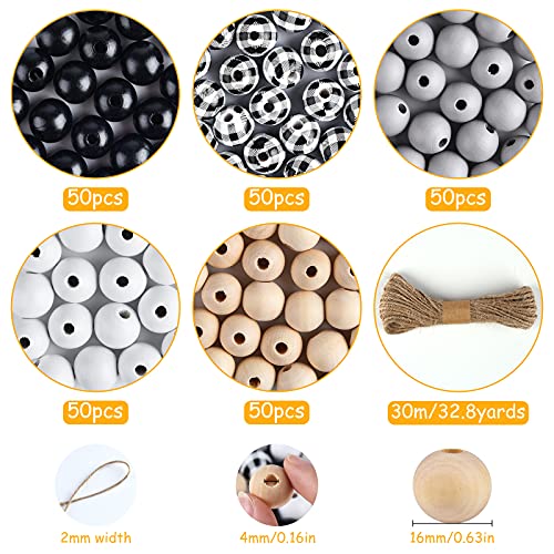 FEPITO 250 Pcs Plaid Wood Beads - 16mm Farmhouse Checked Print Natural Buffalo Craft Beads for Decoration & Home Decor DIY Craft Supplies - Image 2