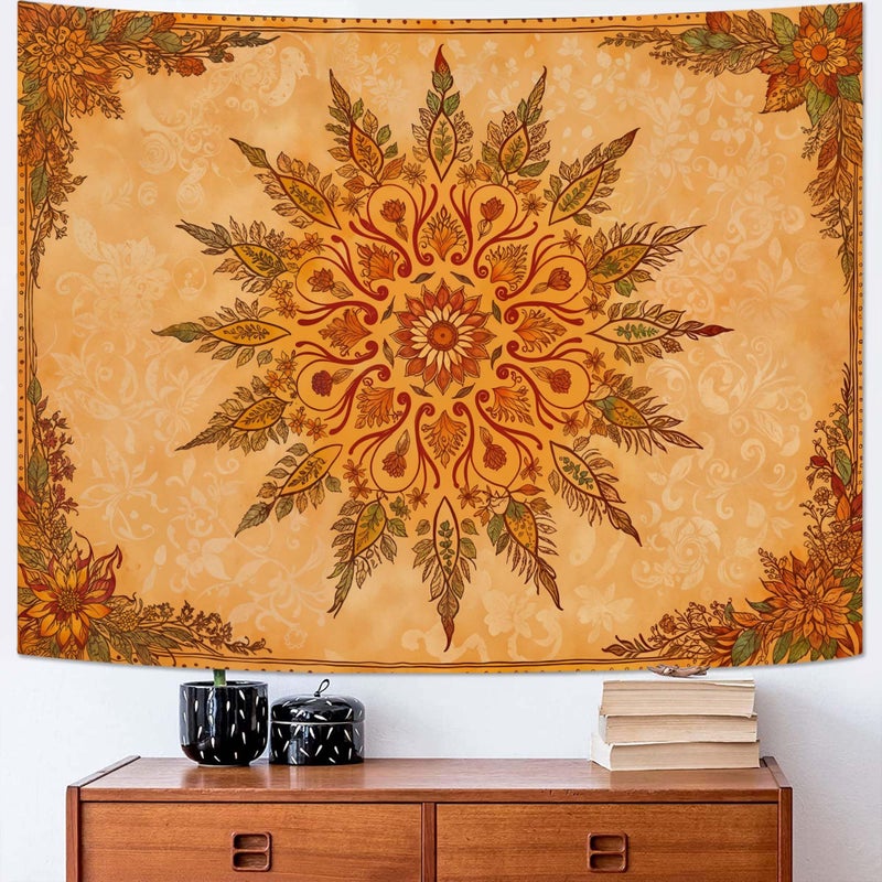 Accnicc Boho Mandala Floral Tapestry Vintage Bohemian Indian Tapestries for Bedroom Aesthetic Retro Orange Yellow Flower Tapestry Wall Hanging for Dorm Living Room Decor 60 x 44 Inch - Image 5