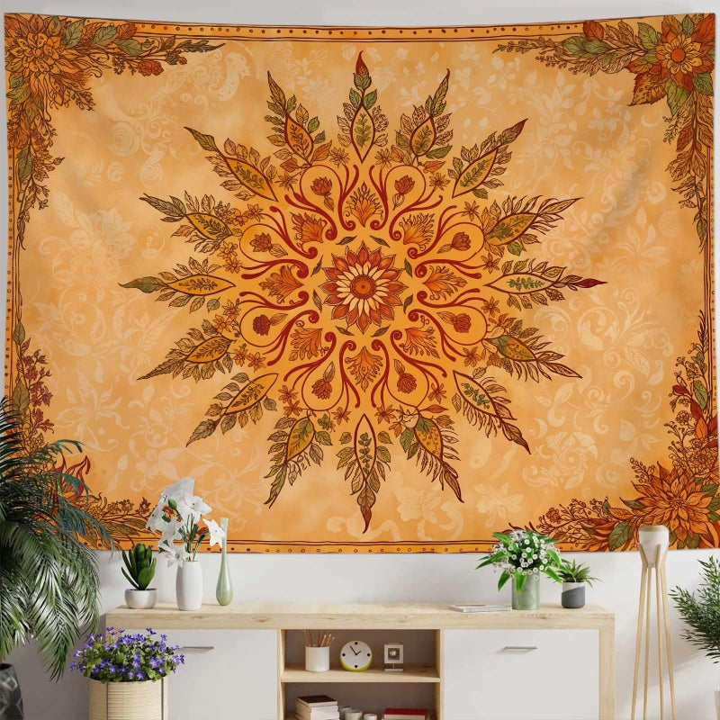 Accnicc Boho Mandala Floral Tapestry Vintage Bohemian Indian Tapestries for Bedroom Aesthetic Retro Orange Yellow Flower Tapestry Wall Hanging for Dorm Living Room Decor 60 x 44 Inch - Image 3