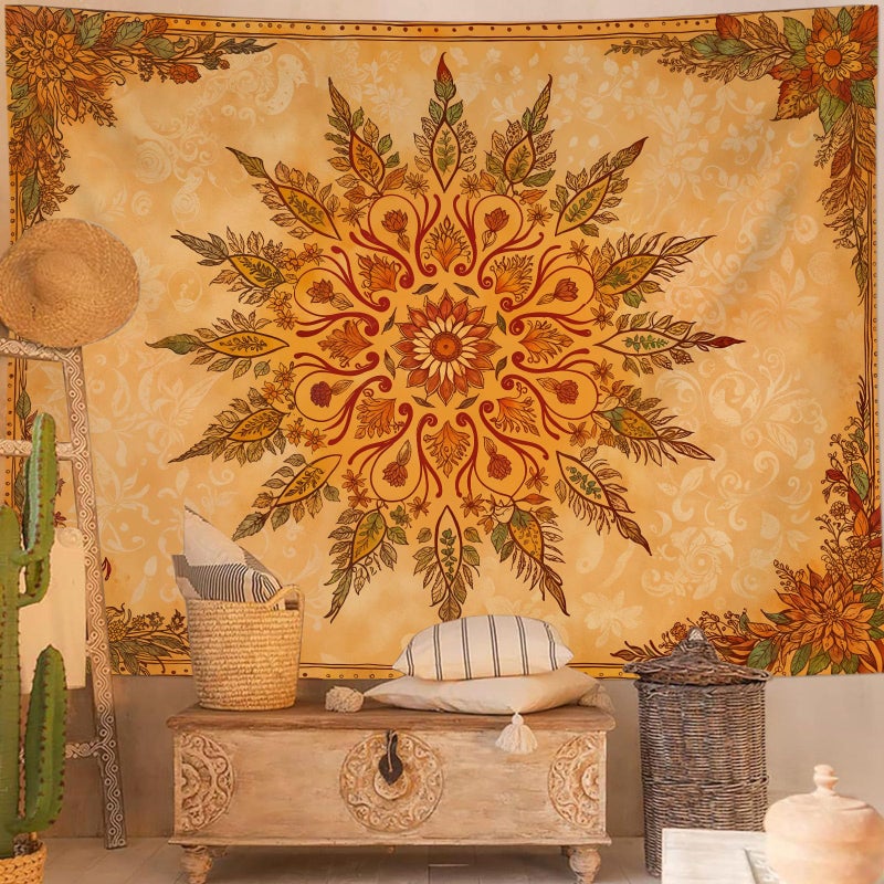 Accnicc Boho Mandala Floral Tapestry Vintage Bohemian Indian Tapestries for Bedroom Aesthetic Retro Orange Yellow Flower Tapestry Wall Hanging for Dorm Living Room Decor 60 x 44 Inch - Image 1