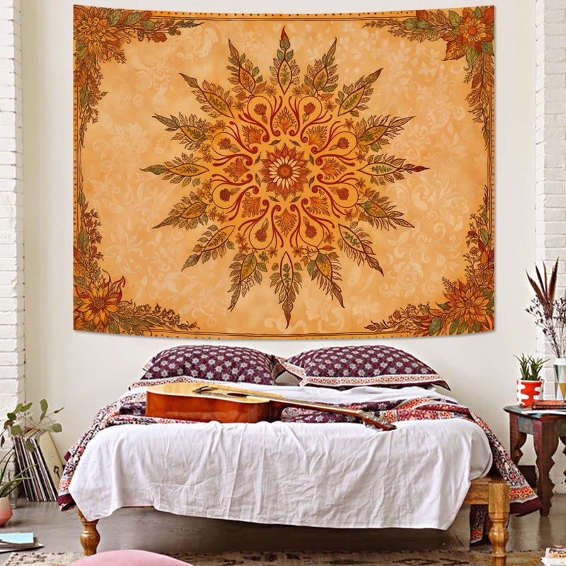 Accnicc Boho Mandala Floral Tapestry Vintage Bohemian Indian Tapestries for Bedroom Aesthetic Retro Orange Yellow Flower Tapestry Wall Hanging for Dorm Living Room Decor 60 x 44 Inch - Image 4