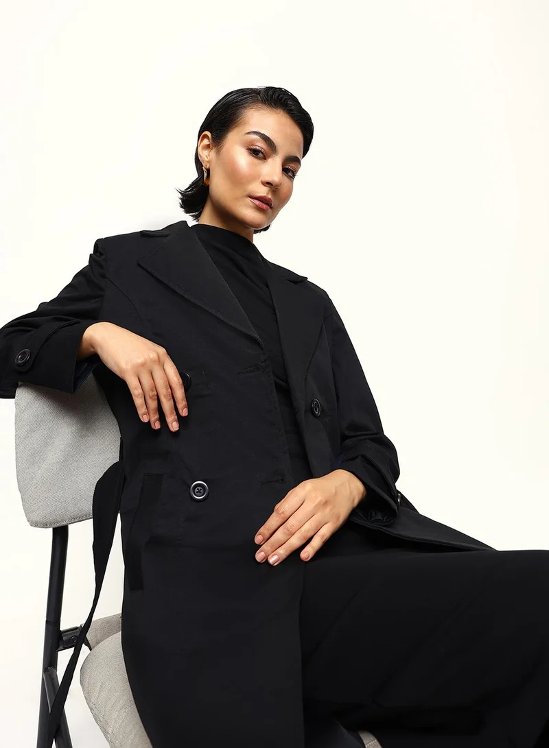 دينيس لينغو معطف ترنش نسائي أسود بوليستر % بقصة عادية