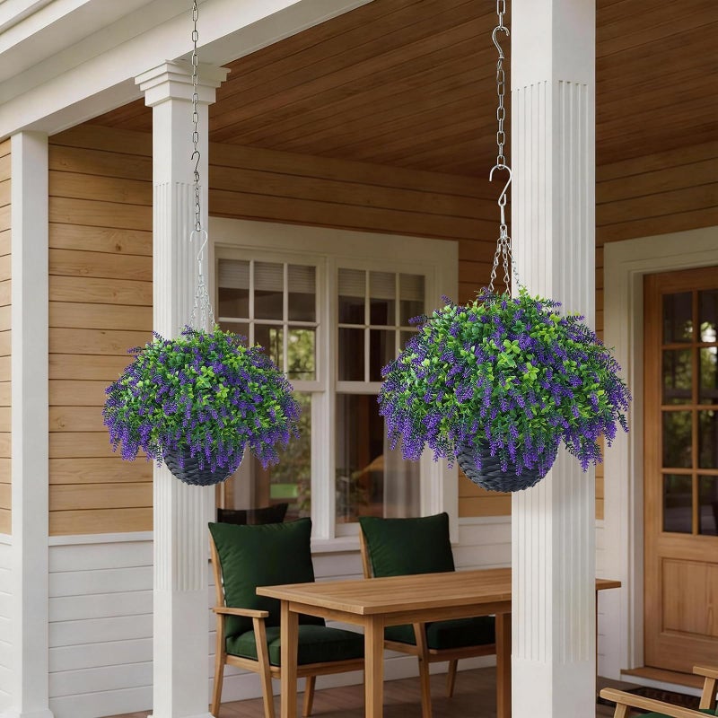 Juxdp Artificial Lavender and Boxwood Hanging Basket - 2 Set for Outdoor Decorations,Fake Flower Hanging Basket UV-Resistant for Porch, Home Garden, Farmhouse, Eaves, Yard Decor - Image 4