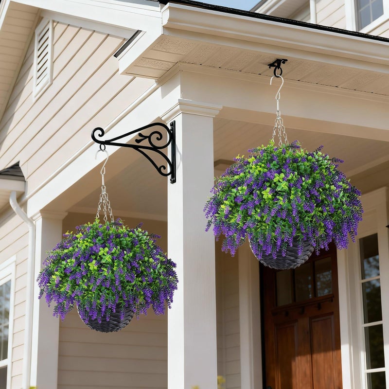 Juxdp Artificial Lavender and Boxwood Hanging Basket - 2 Set for Outdoor Decorations,Fake Flower Hanging Basket UV-Resistant for Porch, Home Garden, Farmhouse, Eaves, Yard Decor - Image 3
