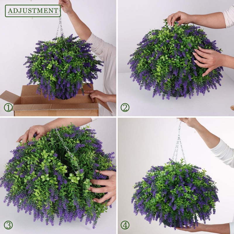 Juxdp Artificial Lavender and Boxwood Hanging Basket - 2 Set for Outdoor Decorations,Fake Flower Hanging Basket UV-Resistant for Porch, Home Garden, Farmhouse, Eaves, Yard Decor - Image 5
