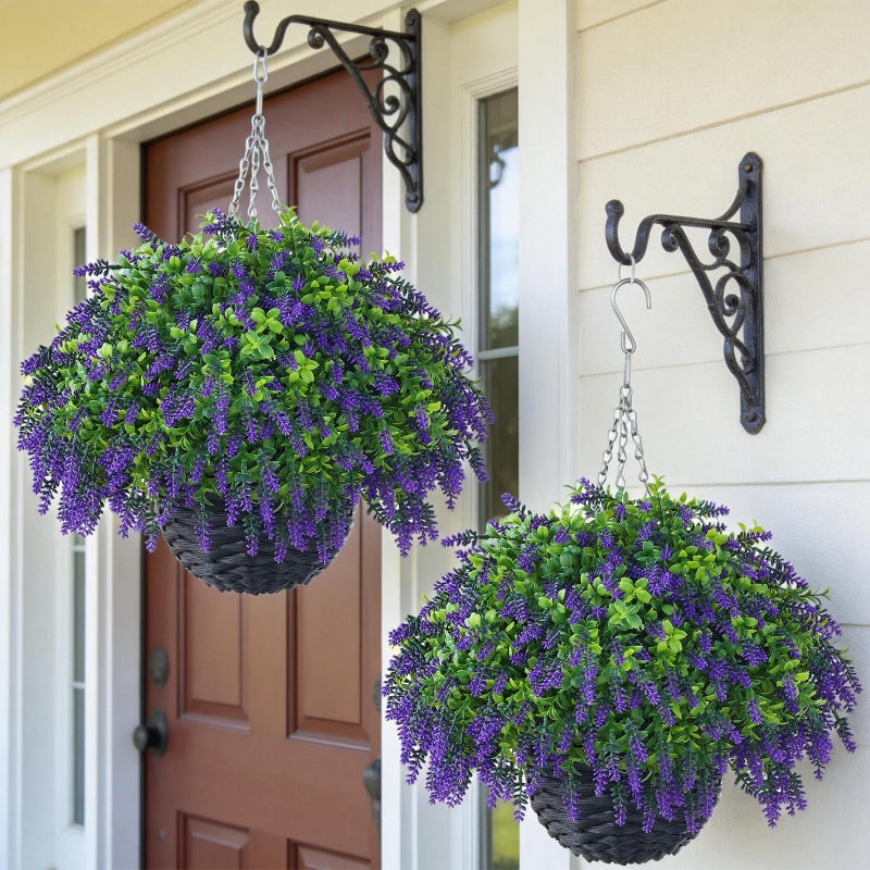 Juxdp Artificial Lavender and Boxwood Hanging Basket - 2 Set for Outdoor Decorations,Fake Flower Hanging Basket UV-Resistant for Porch, Home Garden, Farmhouse, Eaves, Yard Decor - Image 1