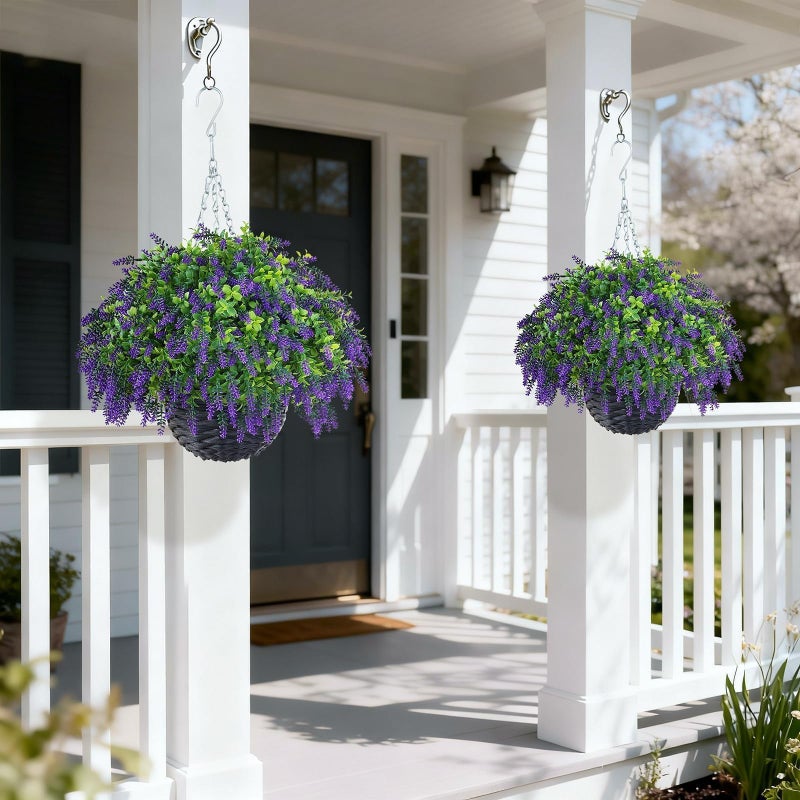 Juxdp Artificial Lavender and Boxwood Hanging Basket - 2 Set for Outdoor Decorations,Fake Flower Hanging Basket UV-Resistant for Porch, Home Garden, Farmhouse, Eaves, Yard Decor - Image 2