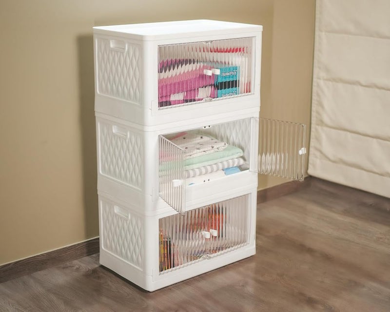 HomeStrap Plastic Foldable Stackable Storage Box With Wheels (Pack Of 3) | Collapsible Storage Bins With Door | Spacesaver Organizer, White, 61X 38 X 64 Cm