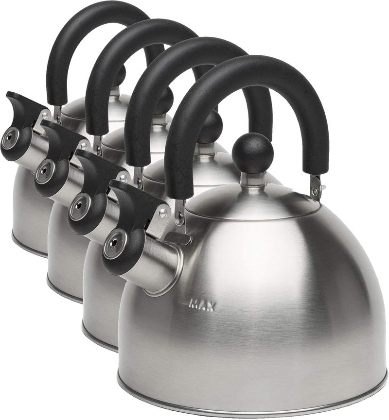 Primula Stewart Whistling Stovetop Tea Kettle Food Grade Stainless Steel, Hot Water Fast to Boil, Cool Touch Folding, 1.5-Quart, Brushed with Black Handle (Pack of 4) - Image 1