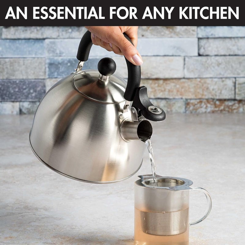 Primula Stewart Whistling Stovetop Tea Kettle Food Grade Stainless Steel, Hot Water Fast to Boil, Cool Touch Folding, 1.5-Quart, Brushed with Black Handle (Pack of 4) - Image 2