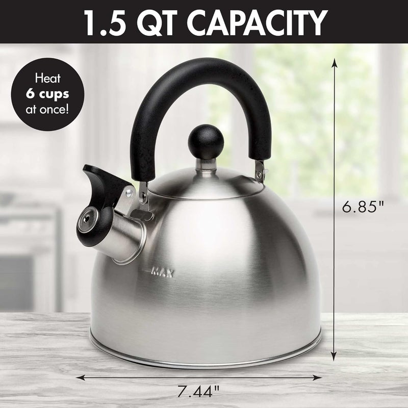 Primula Stewart Whistling Stovetop Tea Kettle Food Grade Stainless Steel, Hot Water Fast to Boil, Cool Touch Folding, 1.5-Quart, Brushed with Black Handle (Pack of 4) - Image 3