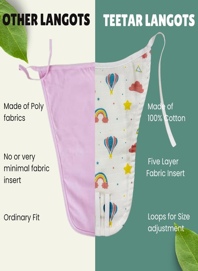 Teetar 100% Cotton Muslin Langots for Newborns (0-3 Months) | Pack of 5 Reusable Cloth Nappies with 5-Layer Absorbent Insert | Soft, Breathable, Washable Baby Diapers for Up to 7 kg (Multicolour) - Image 3