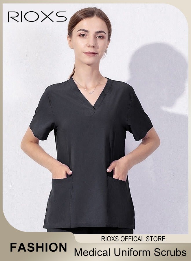 RIOXS Unisex Medical Uniform Scrubs, Women And Men Scrubs Set, Professionals Medical Scrubs Short Sleeve Top And Pants For Workwear, Soft Stretch V-Neck Top And Trousers, Black V-neck Medical Uniform, Hospital Nurse Scrubs Set, Dentist Clinic Uniform Unisex, Pharmacy Technician Workwear - Image 1