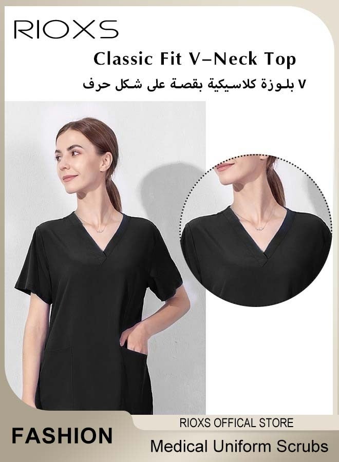 RIOXS Unisex Medical Uniform Scrubs, Women And Men Scrubs Set, Professionals Medical Scrubs Short Sleeve Top And Pants For Workwear, Soft Stretch V-Neck Top And Trousers, Black V-neck Medical Uniform, Hospital Nurse Scrubs Set, Dentist Clinic Uniform Unisex, Pharmacy Technician Workwear - Image 3