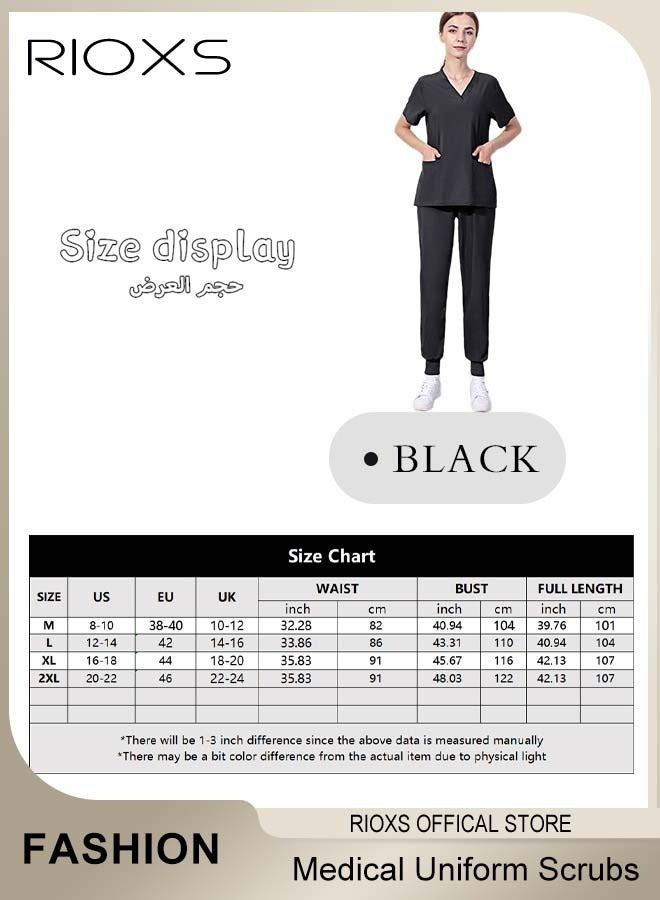 RIOXS Unisex Medical Uniform Scrubs, Women And Men Scrubs Set, Professionals Medical Scrubs Short Sleeve Top And Pants For Workwear, Soft Stretch V-Neck Top And Trousers, Black V-neck Medical Uniform, Hospital Nurse Scrubs Set, Dentist Clinic Uniform Unisex, Pharmacy Technician Workwear - Image 5