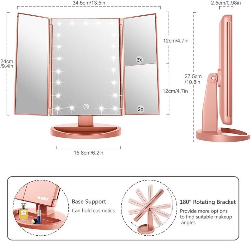 WEILY Lighted Makeup Mirror, Tri-fold Vanity Mirror with 1X/2X/3X Magnification Mirrors, 21 Natural LED Nights and Touch Screen, Chargeable Travel Cosmetic Mirror for Desktop (Rose Gold) - Image 3