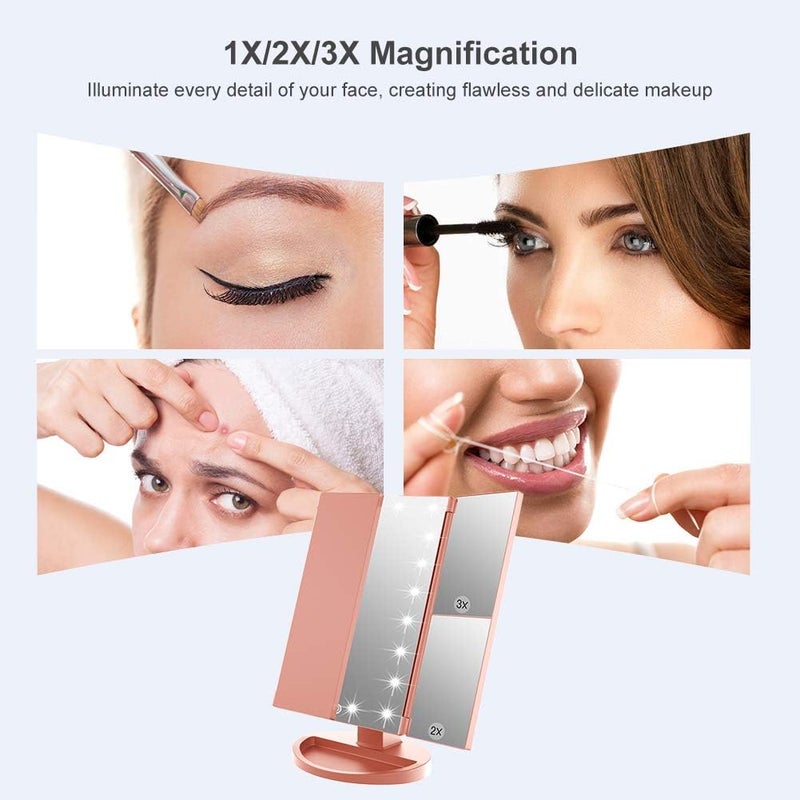 WEILY Lighted Makeup Mirror, Tri-fold Vanity Mirror with 1X/2X/3X Magnification Mirrors, 21 Natural LED Nights and Touch Screen, Chargeable Travel Cosmetic Mirror for Desktop (Rose Gold) - Image 2