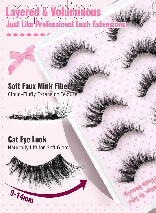 calphdiar Self Adhesive Eyelashes Cat Eye Lashes Natural Self Adhesive Lashes No Glue Fluffy False Eyelashes Wispy Lash Extension 9-14MM Preglued Lashes 5 Pairs Voluminous Eyelash Strips Pack by calphdiar - Image 5
