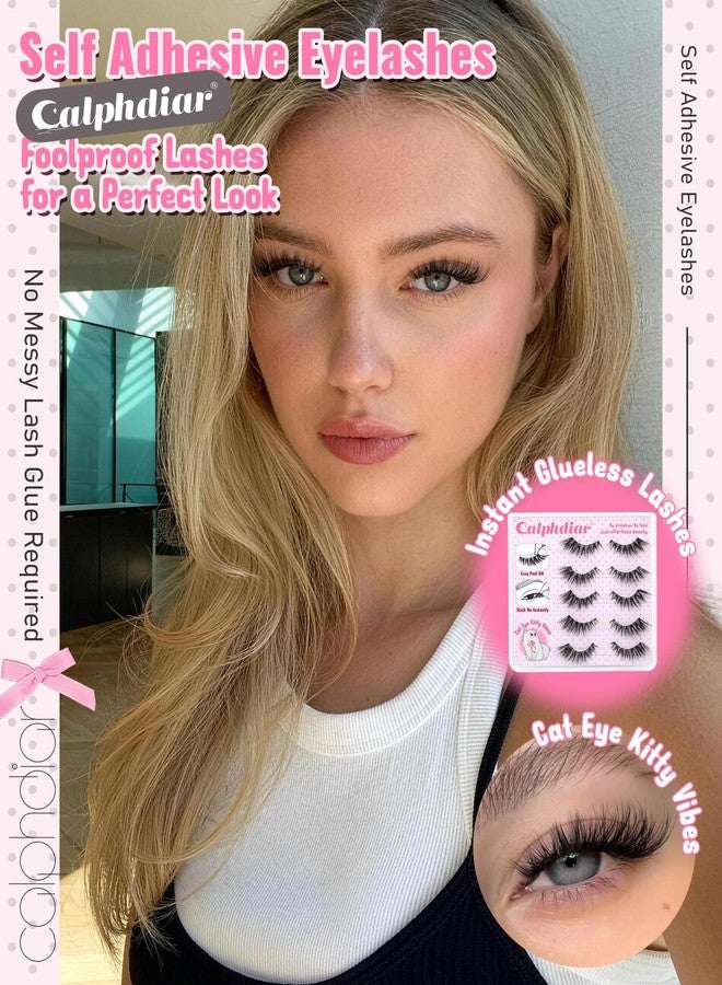 calphdiar Self Adhesive Eyelashes Cat Eye Lashes Natural Self Adhesive Lashes No Glue Fluffy False Eyelashes Wispy Lash Extension 9-14MM Preglued Lashes 5 Pairs Voluminous Eyelash Strips Pack by calphdiar - Image 2